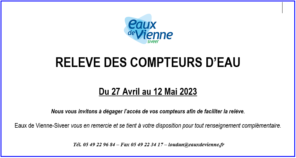 Lire la suite à propos de l’article Eaux de Vienne : relevé des compteurs d’eau du 27 avril au 12 mai 2023