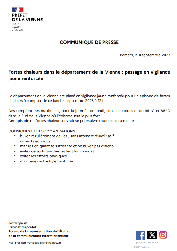 Lire la suite à propos de l’article Fortes chaleurs dans le département de la Vienne : passage en vigilance jaune renforcée