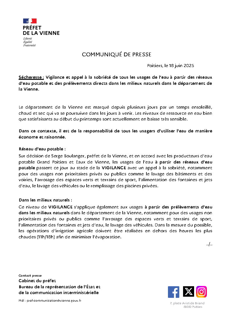 Lire la suite à propos de l’article Sécheresse : Vigilance et appel à la sobriété de tous les usages de l’eau dans la Vienne