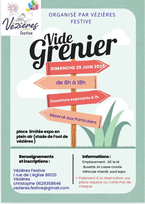 Lire la suite à propos de l’article Dimanche 29 juin : Vide-grenier organisé par Vézières Festive